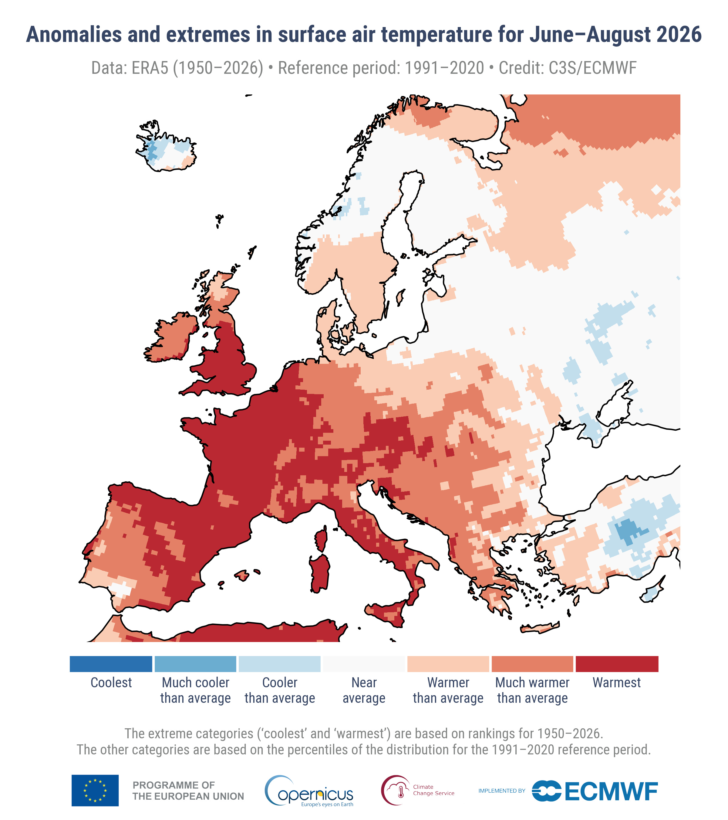 A 2026-os nyár európai hőmérsékleti eltérései, C3S/ECMWF